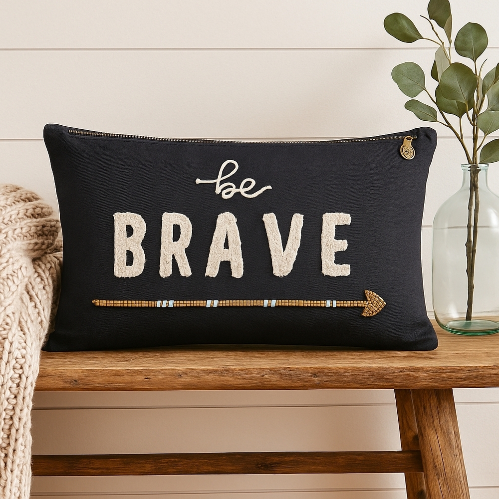 🪶 Vintage Pier 1 “Be Brave” Pillow Cover – Handcrafted Detail & Boho Charm